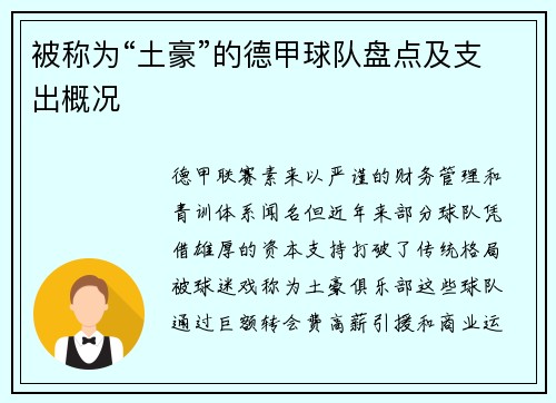 被称为“土豪”的德甲球队盘点及支出概况