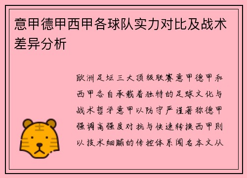 意甲德甲西甲各球队实力对比及战术差异分析